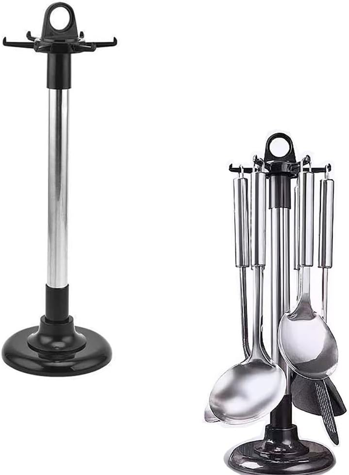 YCSSSD Kitchen ware Storage Rack, Stainless Steel Kitchen Utensil Holder Organizer, Countertop 360 Degree Rotating Utensil Holder for Kitchen Counter with 6 Hooks. - Image 1